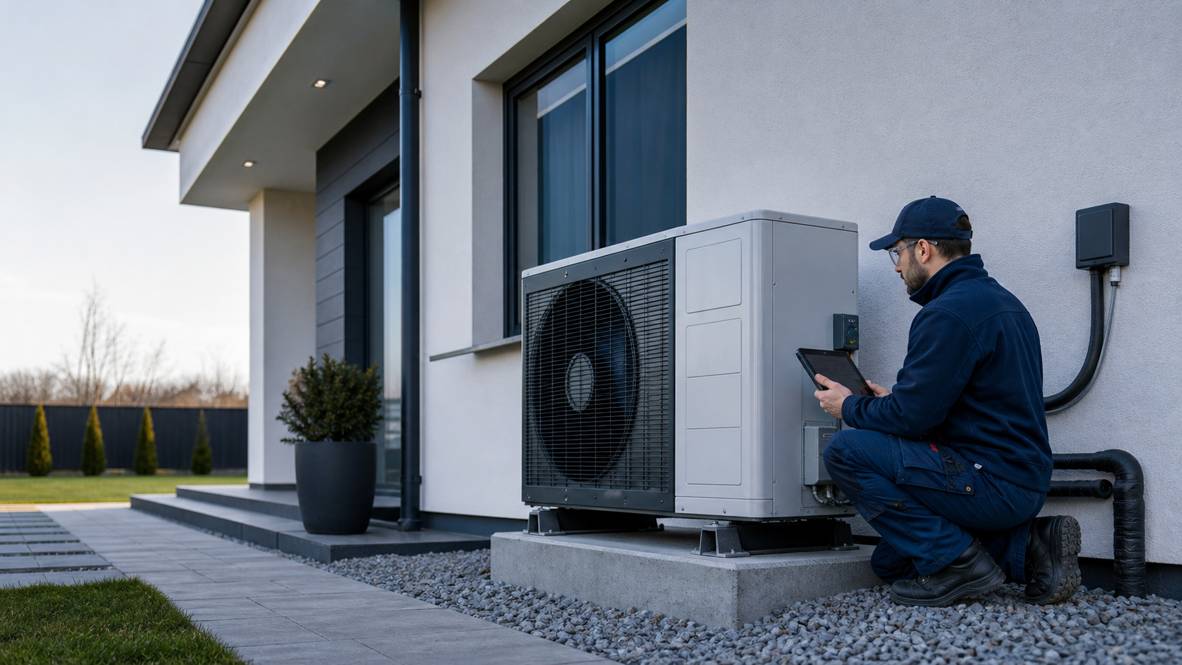 Outdoor heat pump unit beside a modern house